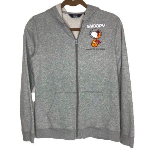 Peanuts Tops - Peanuts xLands End  Hoodie Grey L Snoopy Full Zip Graphic Pouch To The Moon